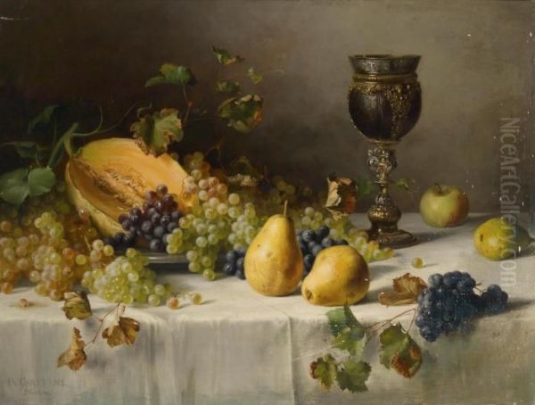 Still Life With Lobster And Still Life With Grapes Oil Painting by Julius Victor Carstens