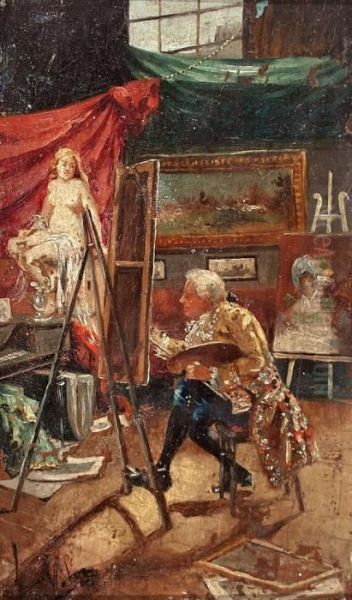 Academia, Estudio De Un Artista Y Busto De Un Nino Oil Painting by Emilio Casals Y Camps