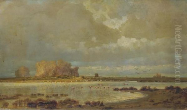 Paysage De Camargue Aux Flamants Roses Oil Painting by Ernest George Chauvier De Leon