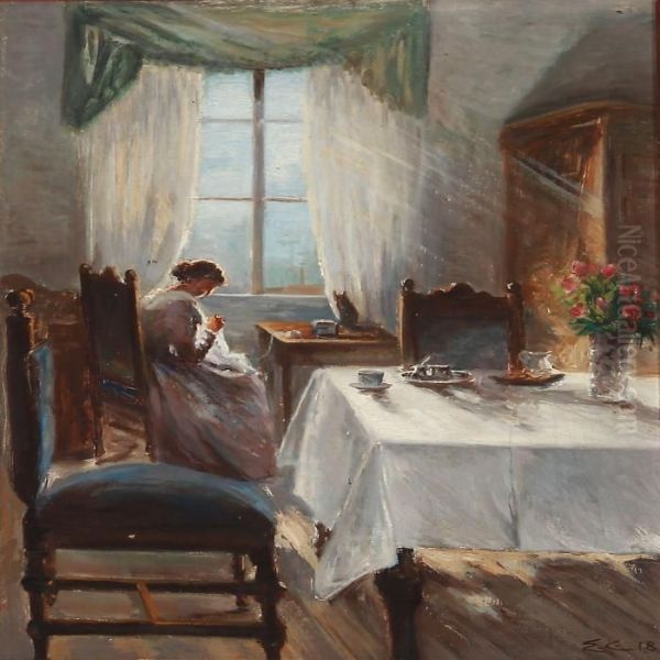 Living Room With A Woman Sewing Oil Painting by Emilie Christensen