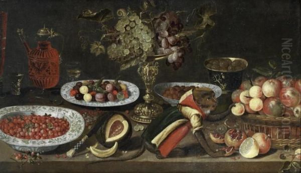 Grapes In A 
Tazza 
, A Glass And Carafe Of Red Wine, A Bowl Of Strawberries, A Split Melon,
 A Clothed Monkey, A Bowl Of Olives And A Basket Of Apples On A Wooden 
Table Oil Painting by Artus Claessens