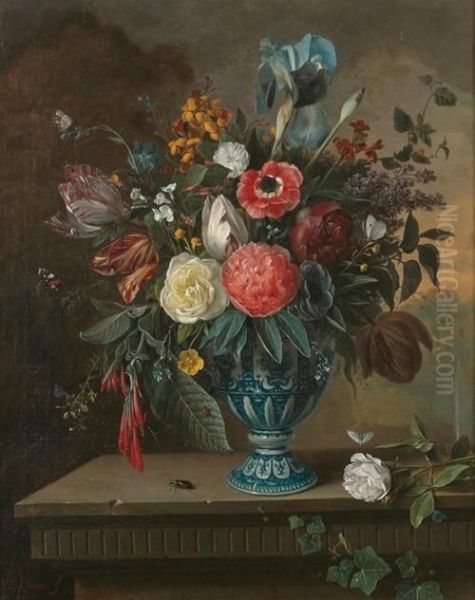 Still Life With Tin-glazed Blue And White Vase With Flowers Oil Painting by Eugene Pierre Claveau