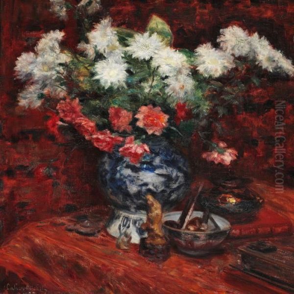 Still Life With Flowers In A Faience Vase Oil Painting by Isaac Michael Cohen