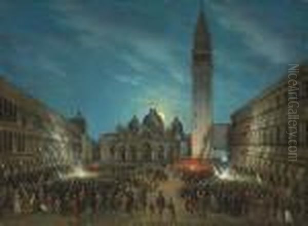 Carnival In The Piazza San Marco By Moonlight Oil Painting by Leone Colle