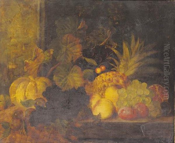 A Pumpkin, A Pineapple, Grapes, Plums, Peaches, Cherries And A Pomegranate On A Table Oil Painting by Joshua, Cook Snr.