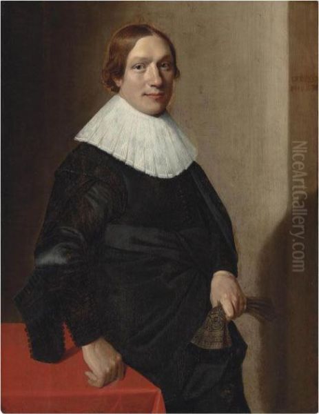 Portrait Of A Man, Half-length, 
In A Black Doublet And Cloak, With A Ruff, Resting His Right Hand On A 
Table And Holding A Glove Oil Painting by Jan Daemen Cool