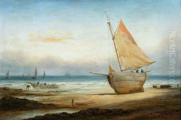 A Beached Fishing Vessel At Sunset With Further Fishing On The Horizon Oil Painting by Vivian Crome