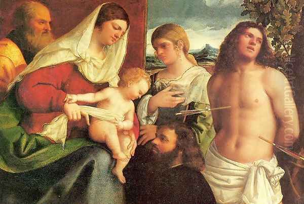 The Holy Family with Saints Catherine and Sebastian and a Donor Oil Painting by Sebastiano Del Piombo