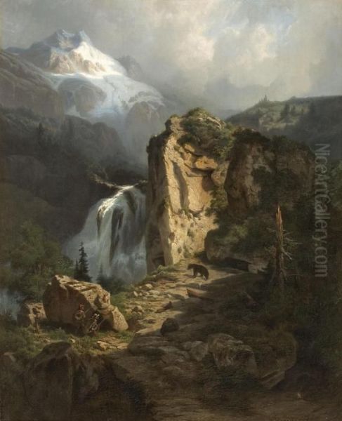 Hochgebirgslandschaft Mit Barenjagd Oil Painting by Leonard Alexis Dalige de Fontenay