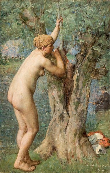 Hiding Nude Oil Painting by Louis Dauvergne