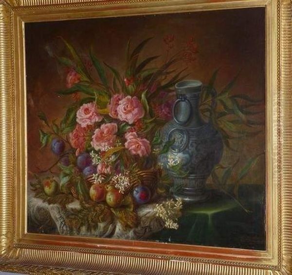 Nature Morte Au Bouquet De Roses Avec Fruits Et Vase Sur Unentablement. Oil Painting by Euphemide Therese David