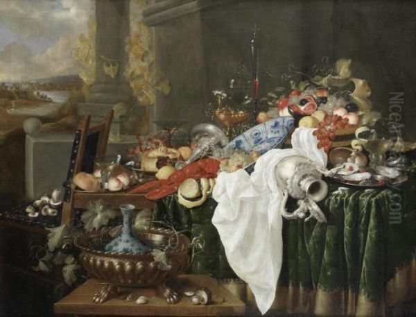 A Still Life Of A Pie On A Silver Dish, A Lobster, A Silver Cup And Ewer Oil Painting by Andries De Coninck