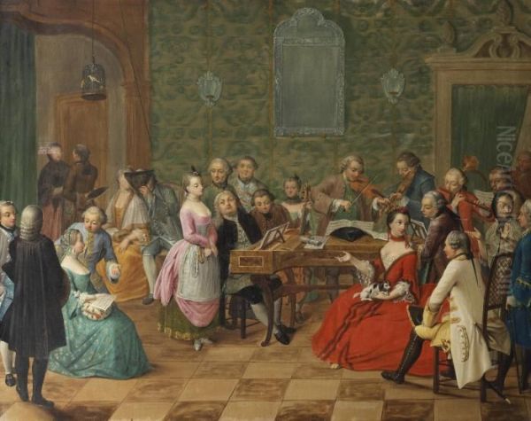 A Music Party In The Interior Of A Palazzo Oil Painting by Giuseppe De Gobbis