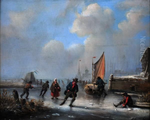  skating On Lake  Oil Painting by Jan Ernst De Groot