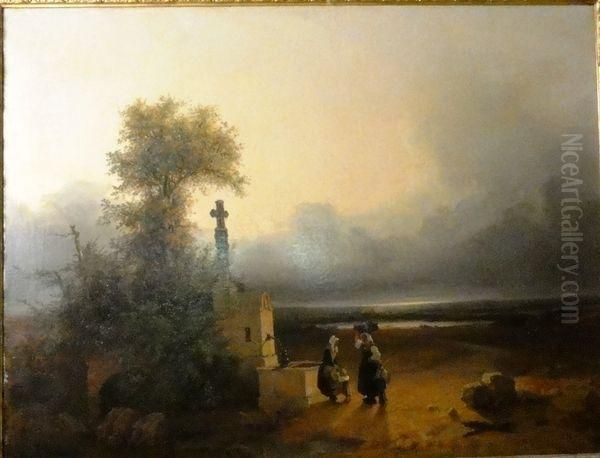 Paysannes Pres D'un Calvaire Dans Un Paysage Oil Painting by Charles Ferdinand De La Roche