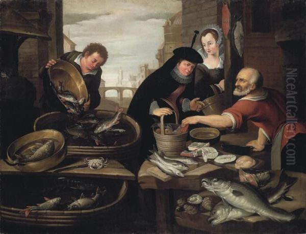 A Fish Stall Oil Painting by Aert De Muysere