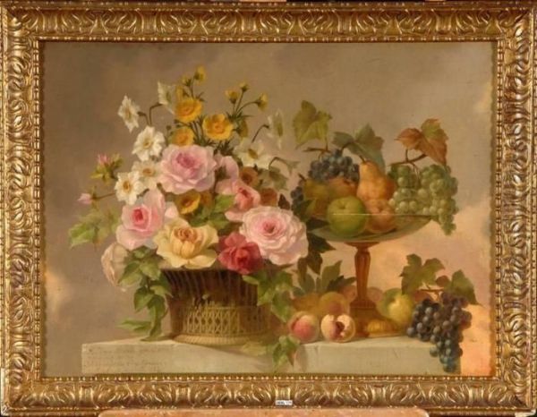 Nature Morte Aux Fleurs Et Aux Fruits Sur Un Entablement Oil Painting by Virginie de Sartorius