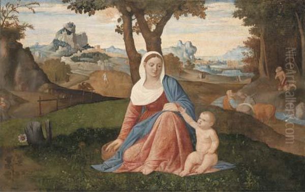 The Rest On The Flight Into 
Egypt With The Penitent Saint Jerome In A Wooded River Landscape Oil Painting by Benedetto Diana