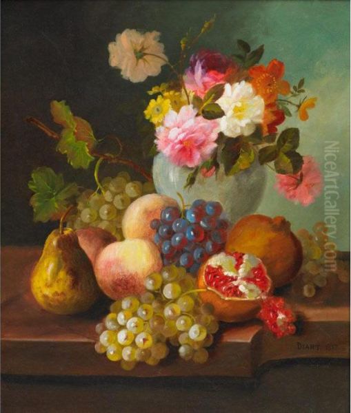 Pomegranates, Grapes, Peaches And A Pear On A Ledge With Vase Of Mixed Flowers Oil Painting by Jules Edouard Diart