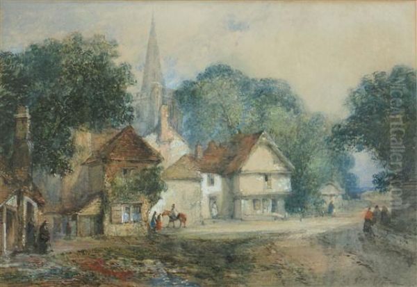 Figures In A Country Village With Church Spire Oil Painting by Thomas Richard Coleman Dibdin