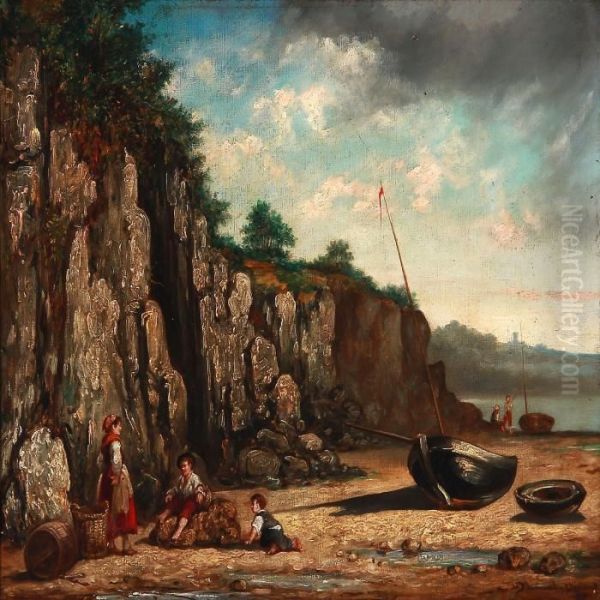 Beach Scene With A Fisher Family And Sailboats Oil Painting by Martin Domicent