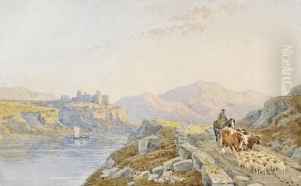 A Drover With Sheep And Cattle In A Mountainous Landscape, A Ruined Castle Beyond Oil Painting by Edmund Dorrell