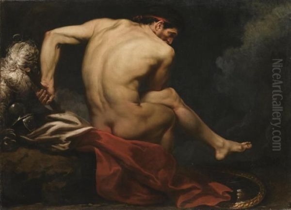 A Naked Warrior, Seated On A Rock Beside His Shield And Plumed Helmet Oil Painting by Jean-Germain Drouais