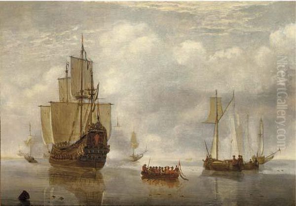 A States Yacht Firing A Salute At A Departing Barge, With Other Shipping In A Calm Oil Painting by Hendrick Dubbels