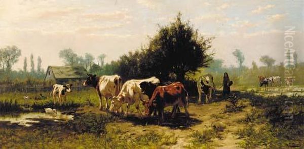 Cattle In A Summer Meadow Oil Painting by W.F. Dupont