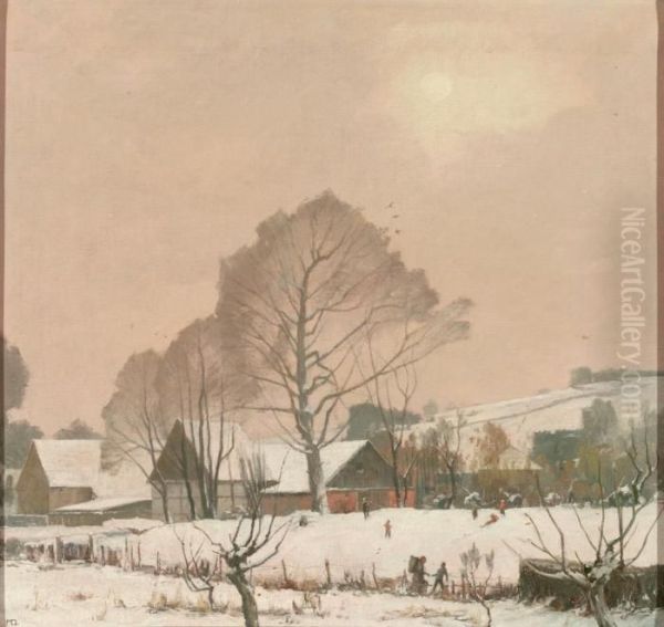 Winterliche Dorflandschaft Mit Hugelhintergrund Oil Painting by Max Durschke