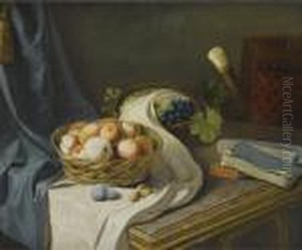 Nature Morte Aux Fruits Et Aux Livres Sur Un Entablement Oil Painting by Pierre Charles Duvivier