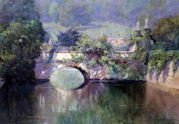 Moat Bridge With Peacock Oil Painting by Alice Andrews Edith