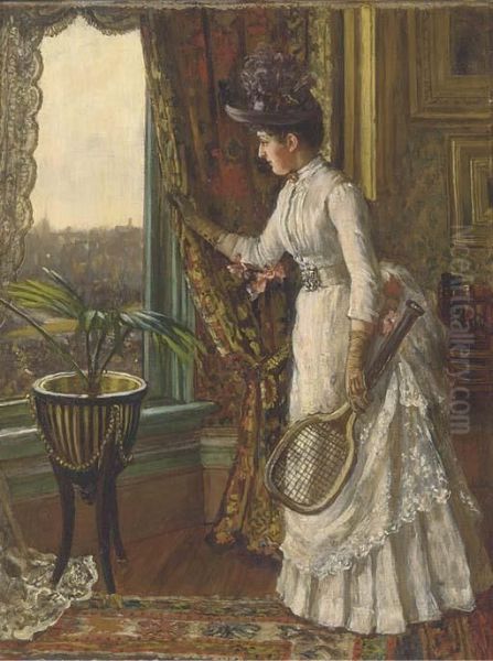 Lady At Window With Tennis Racket Oil Painting by Hayllar Edith