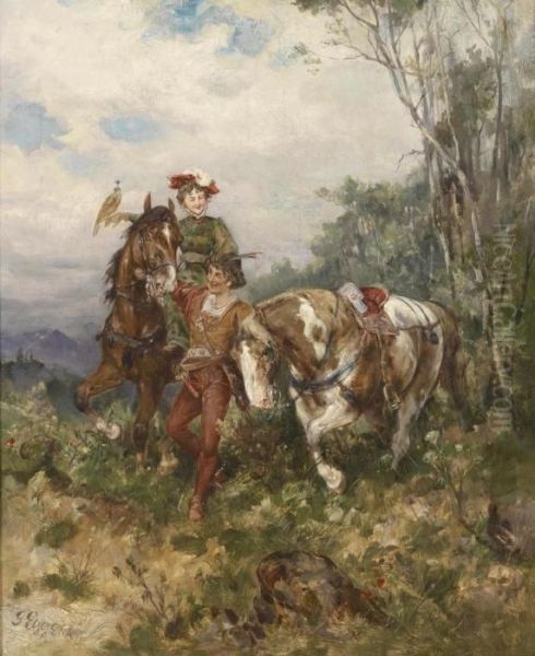 A Lady Falconer On Horseback With Companion Oil Painting by Gustav Eggena