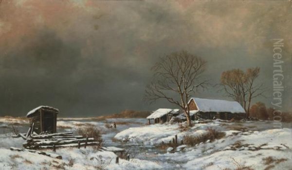 Winter Landscape With Cottages Oil Painting by Vasilij Efimovitch Ekgorst