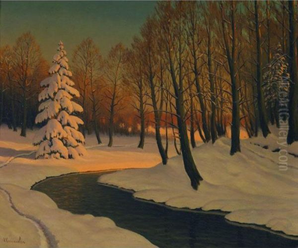 River Sunset, Winter Oil Painting by Victor Emanuelov