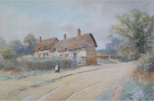 Figure On Country Path Beside A Thatched Cottage Oil Painting by Harold M. English