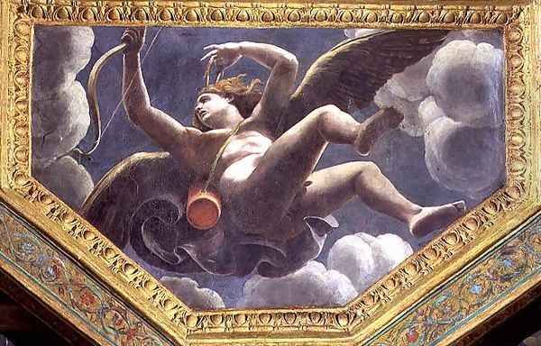 Cupid, ceiling caisson from the Sala di Amore e Psyche, 1528 Oil Painting by Giulio Romano (Orbetto)