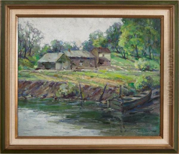 Farm Buildings By The River Oil Painting by Hallie Champlin-Hyde