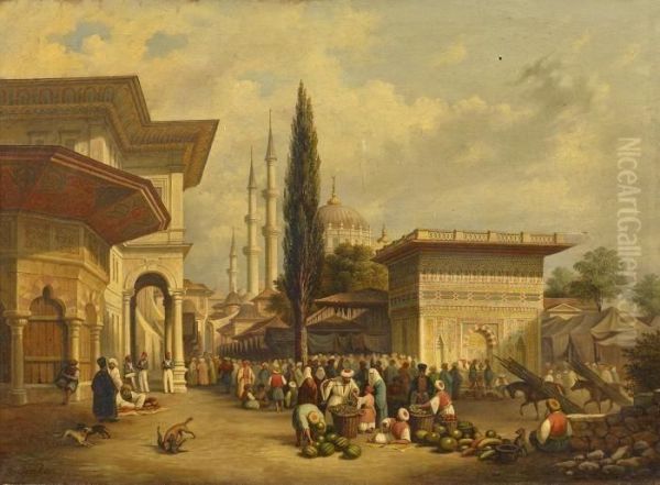 Istanbul. Bazaar Before The Kappanna Fountain In The Old City Oil Painting by Auguste Finke