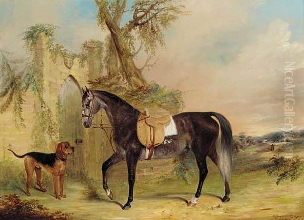 A Saddled Grey Hunter With A Dog Before A Gothic Gateway Oil Painting by James Freeman