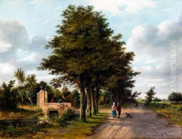 Wandelaars Bij Een Brug Op Landweg Bij Loosduinen Oil Painting by Johannes Philippus Galjaard