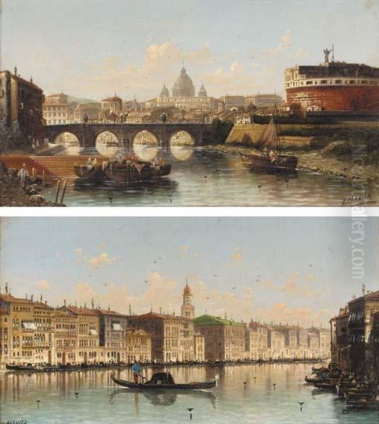 Rome, From The Castel Sant'angelo; And The Grand Canal, Venice Oil Painting by Hippolyte Garnier