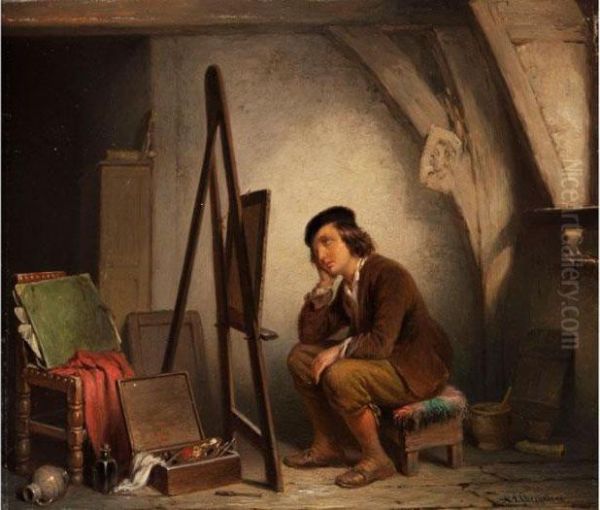 Der Vor Seiner Staffelei Nachdenklich Sinnende, Junge Maler Oil Painting by Napoleon Francois Ghesquiere