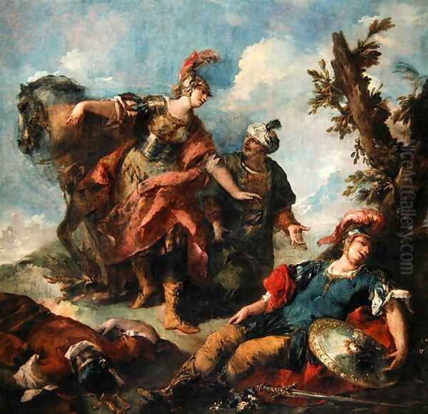 Herminia and Vaprinus Happen upon the Wounded Tancredi after his Duel with Argante Oil Painting by Giovanni Antonio Guardi