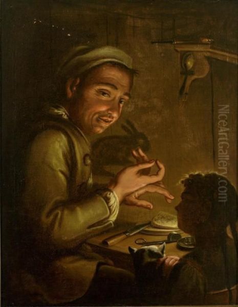 Sitzender Handwerker Fuhrt 
Einem Kind Bei Kerzenlicht Schattenspiele Vor Und Wirft Einen Hasen An 
Die Wand. Oil Painting by Ulrich Glantschnigg