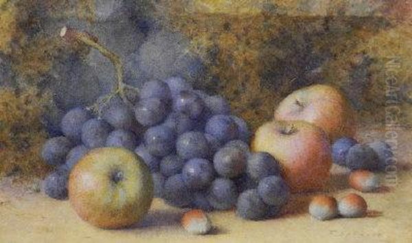 Plums Damsons And Cherries On A Mossy Bank Oil Painting by Florence E. Glasier