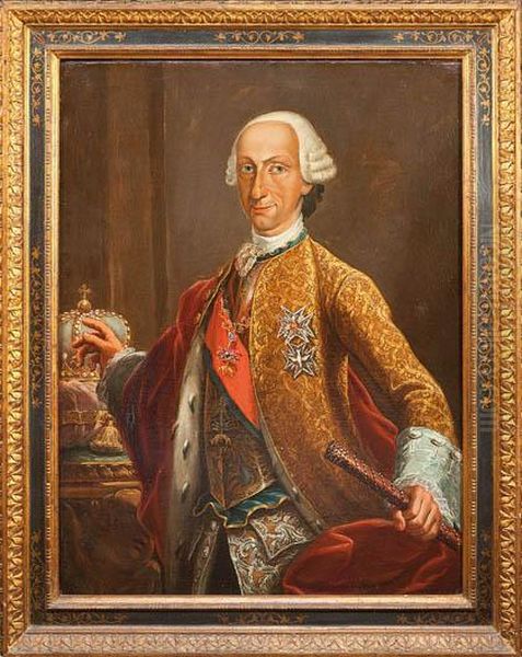 Carlos Iii De Medio Cuerpo Con El Toison De Oro, Baston De Mando Y Senalando La Corona Oil Painting by Antonio Gonzalez Ruiz