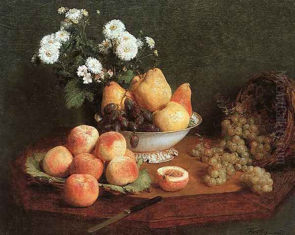 Flowers & Fruit on a Table 1865 Oil Painting by Ignace Henri Jean Fantin-Latour