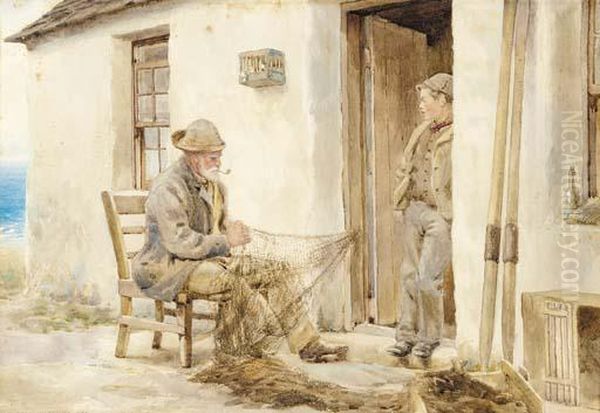 Mending The Nets Oil Painting by Robert E. Groves